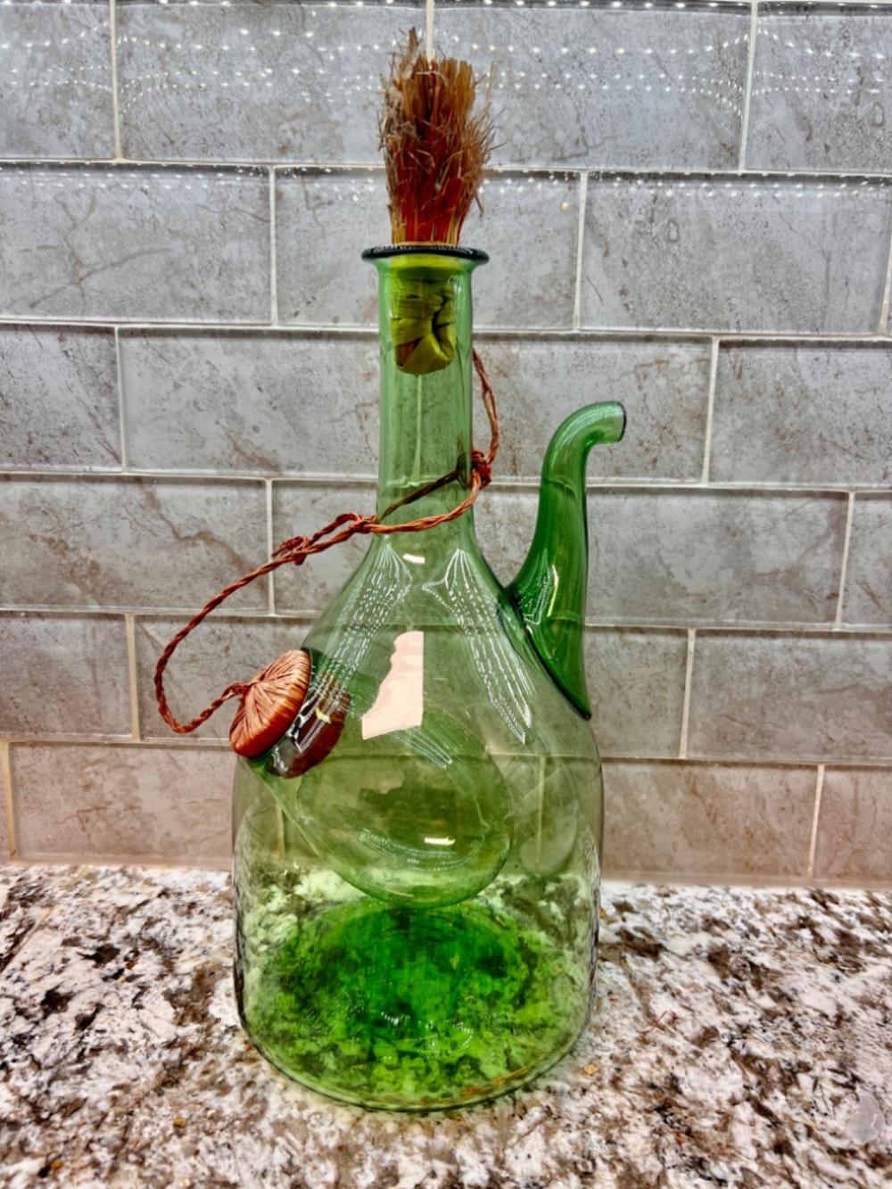 Vintage Large Hand Blown Green Glass Italian Wine Decanter with Ice Chamber
